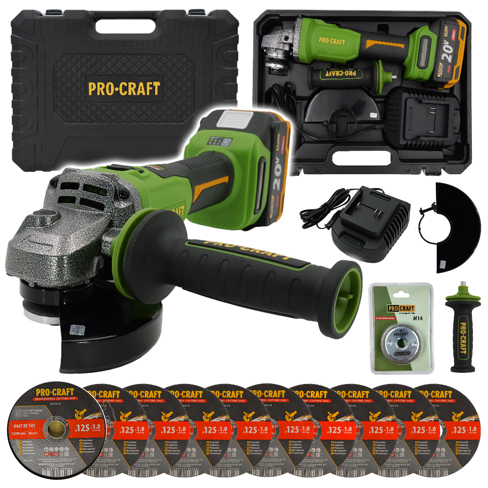 Aku uhlová brúska Procraft PWA220 + rýchloupínacia matica, 10× rezací kotúč CD125×1.0 - 1